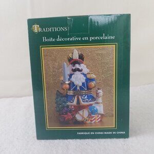 Traditions Porcelain Nutcracker Decorative Keepsake Trinket Box Gold Trim hinged